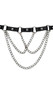 Studded leather choker with triple chains and O ring accents, and adjustable snap closure behind the neck.