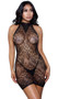 Sleeveless net mini dress features hearts and flowers design with chevron stripes, halter style high neckline and racerback style back.