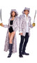 Pirate Queen deluxe costume includes long brocade overcoat jacket featuring large button decorative accents, collar, lapel and cuff details, fringe epaulettes, attached faux corset top with zipper front closure, and attached belt with oversized decorative buckle. Matching hat and velvet shorts also included. Three piece set.