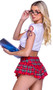 School Girl costume includes tie front crop top featuring tie short sleeves, plunging neckline and red plaid trim. Angular mini skirt with ruffles also included. Two piece set.