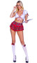 School Girl costume includes tie front crop top featuring tie short sleeves, plunging neckline and red plaid trim. Angular mini skirt with ruffles also included. Two piece set.