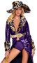 Queen Pimp costume includes long vinyl maxi coat with faux fur leopard print lapels and cuffs, plunging V neckline, and open front. Matching booty shorts and oversized pimp hat also included. Metallic gold belt with oversized dollar sign buckle also included. Four piece set. 