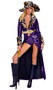 Queen Pimp costume includes long vinyl maxi coat with faux fur leopard print lapels and cuffs, plunging V neckline, and open front. Matching booty shorts and oversized pimp hat also included. Metallic gold belt with oversized dollar sign buckle also included. Four piece set. 