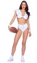 Varsity Babe Football Player costume includes shoulder pads top with lace up front, matching high waisted shorts and wristband. Three piece set.