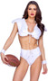 Varsity Babe Football Player costume includes shoulder pads top with lace up front, matching high waisted shorts and wristband. Three piece set.