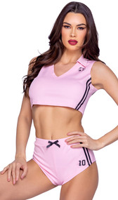 Miami Soccer Player costume includes sleeveless uniform jersey style crop top with V neckline, collar, soccer ball logo, side stripes and the number 10 print on back side. Matching shorts with mini bow also included. Two piece set.
