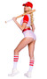 Home Base Baseball Player costume includes striped crop top with short sleeves, baseball patch, v neckline and front snap closure. Matching high waisted shorts, belt and baseball hat also included. Four piece set.