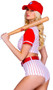 Home Base Baseball Player costume includes striped crop top with short sleeves, baseball patch, v neckline and front snap closure. Matching high waisted shorts, belt and baseball hat also included. Four piece set.