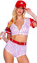 Home Base Baseball Player costume includes striped crop top with short sleeves, baseball patch, v neckline and front snap closure. Matching high waisted shorts, belt and baseball hat also included. Four piece set.