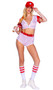 Home Base Baseball Player costume includes striped crop top with short sleeves, baseball patch, v neckline and front snap closure. Matching high waisted shorts, belt and baseball hat also included. Four piece set.