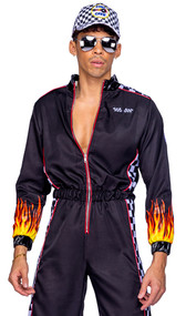 Hunky Race Car Driver costume includes long sleeve jumpsuit featuring checkered side panels, vinyl mock neck and cuffs, flame sleeves, patches and front zipper closure. 