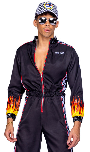 Hunky Race Car Driver costume includes long sleeve jumpsuit featuring checkered side panels, vinyl mock neck and cuffs, flame sleeves, patches and front zipper closure. 