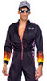 Hunky Race Car Driver costume includes long sleeve jumpsuit featuring checkered side panels, vinyl mock neck and cuffs, flame sleeves, patches and front zipper closure. 