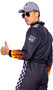 Hunky Race Car Driver costume includes long sleeve jumpsuit featuring checkered side panels, vinyl mock neck and cuffs, flame sleeves, patches and front zipper closure. 