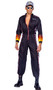 Hunky Race Car Driver costume includes long sleeve jumpsuit featuring checkered side panels, vinyl mock neck and cuffs, flame sleeves, patches and front zipper closure. 