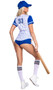 Playboy Baseball Homerun Hottie costume includes striped jersey style top with contrast short sleeves, Playboy print detail, the number 53 on front and back, v neckline and front snap closure. Matching shorts and baseball hat with Playboy Bunny logo also included. Three piece set.