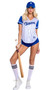Playboy Baseball Homerun Hottie costume includes striped jersey style top with contrast short sleeves, Playboy print detail, the number 53 on front and back, v neckline and front snap closure. Matching shorts and baseball hat with Playboy Bunny logo also included. Three piece set.