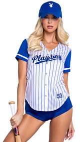 Playboy Baseball Homerun Hottie costume includes striped jersey style top with contrast short sleeves, Playboy print detail, the number 53 on front and back, v neckline and front snap closure. Matching shorts and baseball hat with Playboy Bunny logo also included. Three piece set.