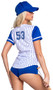 Playboy Baseball Homerun Hottie costume includes striped jersey style top with contrast short sleeves, Playboy print detail, the number 53 on front and back, v neckline and front snap closure. Matching shorts and baseball hat with Playboy Bunny logo also included. Three piece set.