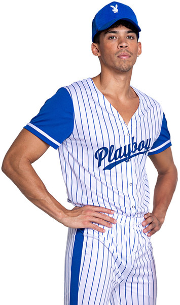 Playboy Baseball Homerun Hunk costume includes striped jersey style top with contrast short sleeves, Playboy print detail, the number 53 on the back, v neckline and front snap closure. Matching pants and baseball hat with Playboy Bunny logo also included. Three piece set.