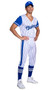Playboy Baseball Homerun Hunk costume includes striped jersey style top with contrast short sleeves, Playboy print detail, the number 53 on the back, v neckline and front snap closure. Matching pants and baseball hat with Playboy Bunny logo also included. Three piece set.