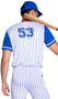 Playboy Baseball Homerun Hunk costume includes striped jersey style top with contrast short sleeves, Playboy print detail, the number 53 on the back, v neckline and front snap closure. Matching pants and baseball hat with Playboy Bunny logo also included. Three piece set.