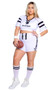 Playboy Sporty Football Player costume includes jersey style crop top with Playboy print, striped sleeves, V neckline, and the number 53 on back side. Matching high waisted shorts with lace up front and Playboy print sides also included. Wristbands also included. Three piece set.