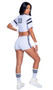 Playboy Sporty Football Player costume includes jersey style crop top with Playboy print, striped sleeves, V neckline, and the number 53 on back side. Matching high waisted shorts with lace up front and Playboy print sides also included. Wristbands also included. Three piece set.