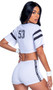 Playboy Sporty Football Player costume includes jersey style crop top with Playboy print, striped sleeves, V neckline, and the number 53 on back side. Matching high waisted shorts with lace up front and Playboy print sides also included. Wristbands also included. Three piece set.