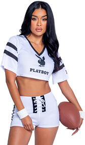 Playboy Sporty Football Player costume includes jersey style crop top with Playboy print, striped sleeves, V neckline, and the number 53 on back side. Matching high waisted shorts with lace up front and Playboy print sides also included. Wristbands also included. Three piece set.