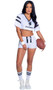 Playboy Sporty Football Player costume includes jersey style crop top with Playboy print, striped sleeves, V neckline, and the number 53 on back side. Matching high waisted shorts with lace up front and Playboy print sides also included. Wristbands also included. Three piece set.