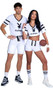 Playboy Sporty Football Player costume includes jersey style crop top with Playboy print, striped sleeves, V neckline, and the number 53 on back side. Matching high waisted shorts with lace up front and Playboy print sides also included. Wristbands also included. Three piece set.