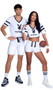Playboy Football Touchdown Hunk costume includes jersey style shirt with striped short sleeves, Playboy print detail with logo, v neckline and the number 53 on back side. Matching shorts with lace up front, Playboy print sides and front pads also included. Wrist bands also included. Three piece set.
