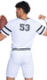 Playboy Football Touchdown Hunk costume includes jersey style shirt with striped short sleeves, Playboy print detail with logo, v neckline and the number 53 on back side. Matching shorts with lace up front, Playboy print sides and front pads also included. Wrist bands also included. Three piece set.