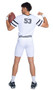 Playboy Football Touchdown Hunk costume includes jersey style shirt with striped short sleeves, Playboy print detail with logo, v neckline and the number 53 on back side. Matching shorts with lace up front, Playboy print sides and front pads also included. Wrist bands also included. Three piece set.