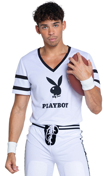 Playboy Football Touchdown Hunk costume includes jersey style shirt with striped short sleeves, Playboy print detail with logo, v neckline and the number 53 on back side. Matching shorts with lace up front, Playboy print sides and front pads also included. Wrist bands also included. Three piece set.