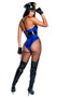 Playboy Frisky Police Business costume includes vinyl sleeveless two tone bodysuit with front zipper closure. Adjustable suspenders with Playboy Bunny logo accents and belt with parachute style buckle also included. Patrol style hat with badge, gold button accents and Playboy nameplate also included. Toy plastic handcuffs also included. Five piece set.