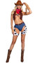 Playboy Cowgirl Ranch Babe costume includes cropped vest with Playboy Bunny logo accent on front and printed logo on back side. Cow print short chaps with adjustable belt also included. Denim look mini shorts and bandana also included. Five piece set.