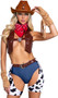 Playboy Cowgirl Ranch Babe costume includes cropped vest with Playboy Bunny logo accent on front and printed logo on back side. Cow print short chaps with adjustable belt also included. Denim look mini shorts and bandana also included. Five piece set.