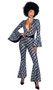 Playboy Disco Fever costume includes jumpsuit featuring all over holographic Bunny print, long flared sleeves, plunging V neckline, bell bottom legs and attached front side belt with Playboy Bunny logo buckle. One piece.