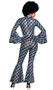 Playboy Disco Fever costume includes jumpsuit featuring all over holographic Bunny print, long flared sleeves, plunging V neckline, bell bottom legs and attached front side belt with Playboy Bunny logo buckle. One piece.