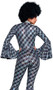 Playboy Disco Fever costume includes jumpsuit featuring all over holographic Bunny print, long flared sleeves, plunging V neckline, bell bottom legs and attached front side belt with Playboy Bunny logo buckle. One piece.