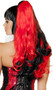 Two-toned synthetic black and red wig with removable pigtail extensions. Long with soft curls and bangs.