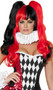 Two-toned synthetic black and red wig with removable pigtail extensions. Long with soft curls and bangs.