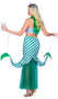 Starstruck Mermaid costume includes long double layered mermaid skirt featuring striped top layer with flyaway front and back, clear straps to attach tails to the wrists, and semi sheer shimmer bottom layer. Sparkle sequin tube top also included. Two piece set. Crown and coffee cup not included.