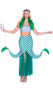 Starstruck Mermaid costume includes long double layered mermaid skirt featuring striped top layer with flyaway front and back, clear straps to attach tails to the wrists, and semi sheer shimmer bottom layer. Sparkle sequin tube top also included. Two piece set. Crown and coffee cup not included.