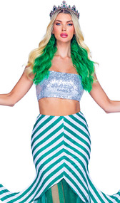 Starstruck Mermaid costume includes long double layered mermaid skirt featuring striped top layer with flyaway front and back, clear straps to attach tails to the wrists, and semi sheer shimmer bottom layer. Sparkle sequin tube top also included. Two piece set.