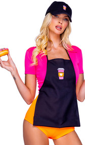 Slam Dunk-In Barista costume includes two tone bodysuit with short sleeves, collar and lapels and V neckline. Apron with heart coffee cup patch and tie back closure also included. Matching hat also included. Three piece set.