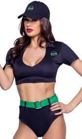 What's Shakin' costume includes uniform style crop top featuring burger patch, short sleeves, collar and deep V neckline. Matching high waisted shorts, contrasting belt and matching hat also included. Four piece set.
