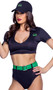 What's Shakin' costume includes uniform style crop top featuring burger patch, short sleeves, collar and deep V neckline. Matching high waisted shorts, contrasting belt and matching hat also included. Four piece set.